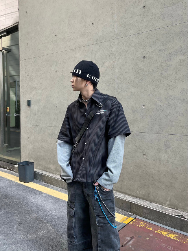 【25s Mar.】Retro Striped Letter Oversized Shirt Hover Image